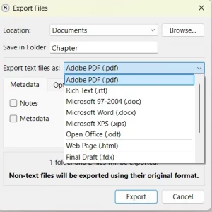 Das Export-Menü von Scrivener.