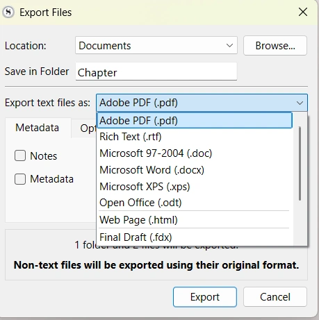 Das Export-Menü von Scrivener.