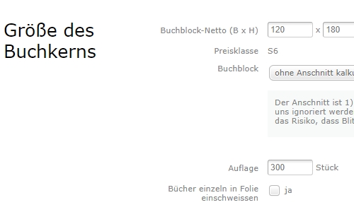 Einstellungsmöglichkeiten bei booksfactory.de