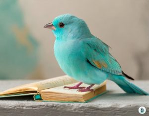 Ein türkiser Vogel sitzt auf einem aufgeschlagenen Buch. Das Bild wurde mit KI erstellt.