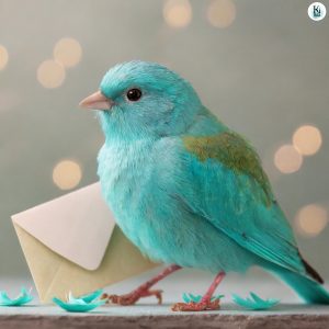 Ein türkiser Vogel mit einem Brief mit einer BüWa.