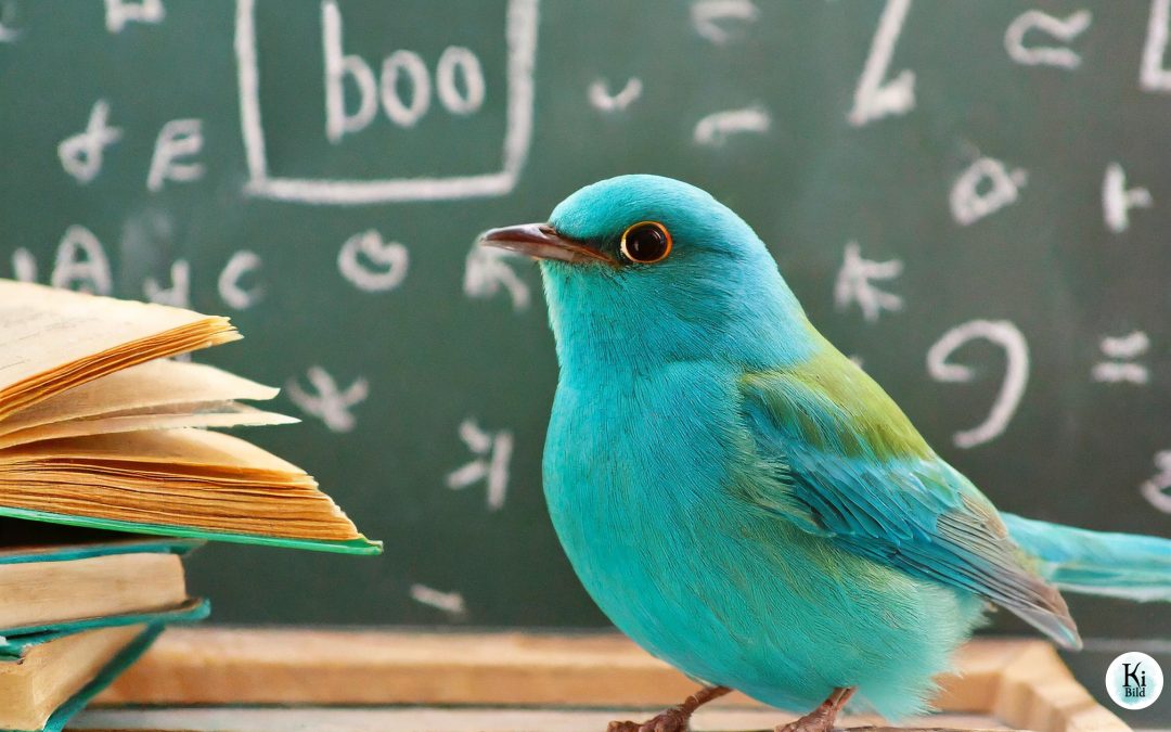 Ein Vogel sitzt vor einer Tafel, die Buch-Fachsprache erklärt.
